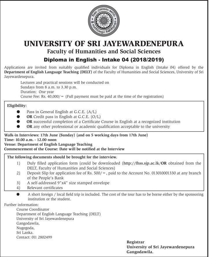 Diploma in English 2018/2019 - Faculty of Humanities & Social Sciences - University of Sri Jayewardenepura